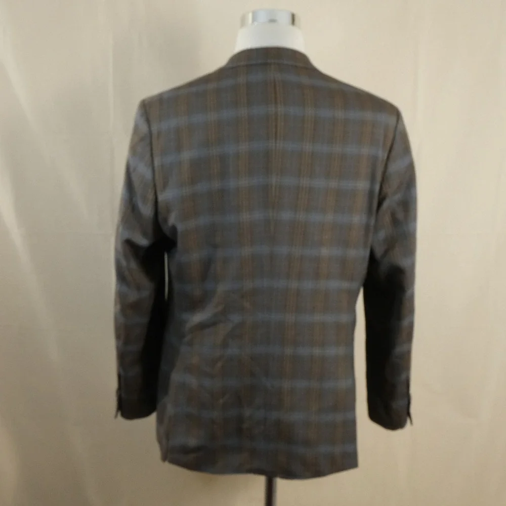 Johnston & Murphy Large Sport Coat 100% Wool Brown Plaid Two Button Double Ventd